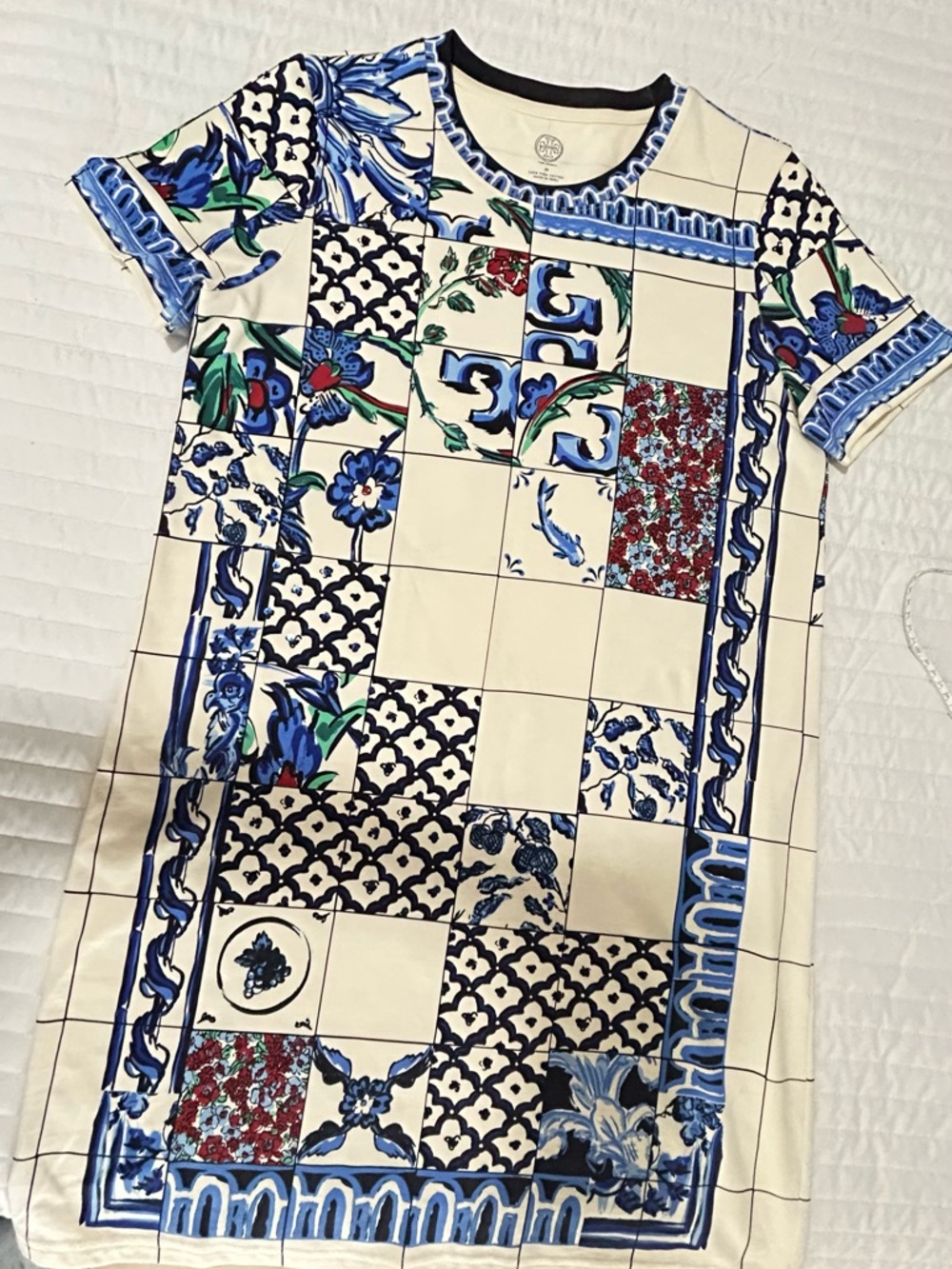 Tory Burch Cream Tee with Blue Tile Print and Green Accents